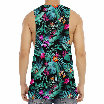 Teal Tropical Leaf Hawaii Pattern Print Men's Muscle Tank Top