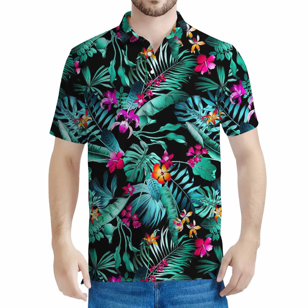 Teal Tropical Leaf Hawaii Pattern Print Men's Polo Shirt