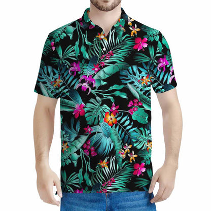 Teal Tropical Leaf Hawaii Pattern Print Men's Polo Shirt