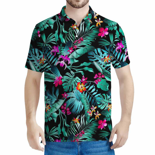 Teal Tropical Leaf Hawaii Pattern Print Men's Polo Shirt