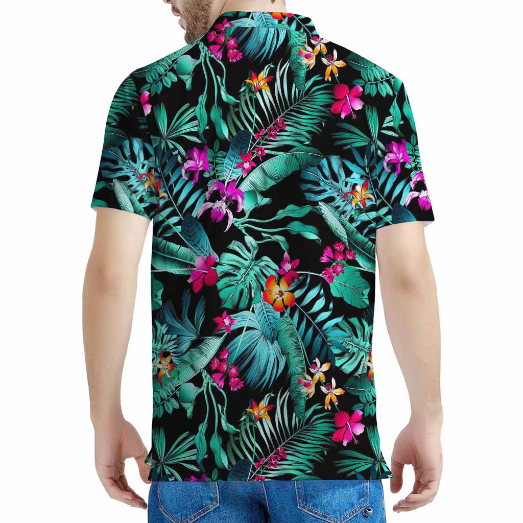 Teal Tropical Leaf Hawaii Pattern Print Men's Polo Shirt