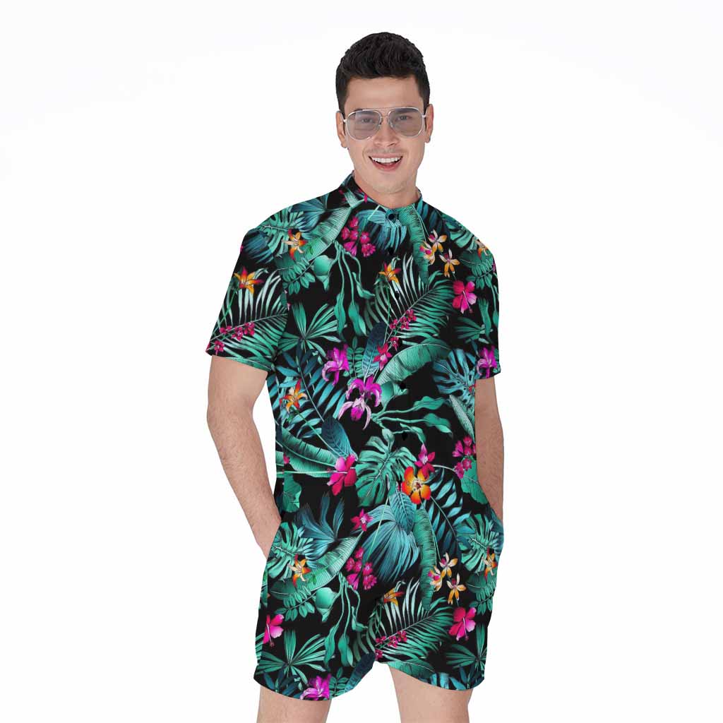 Teal Tropical Leaf Hawaii Pattern Print Men's Rompers