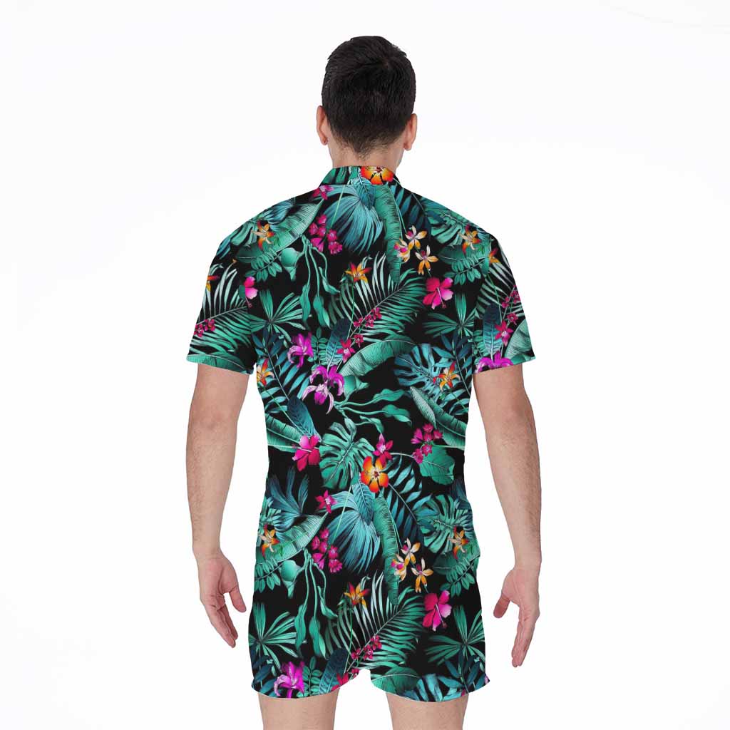 Teal Tropical Leaf Hawaii Pattern Print Men's Rompers