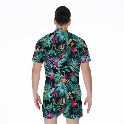 Teal Tropical Leaf Hawaii Pattern Print Men's Rompers
