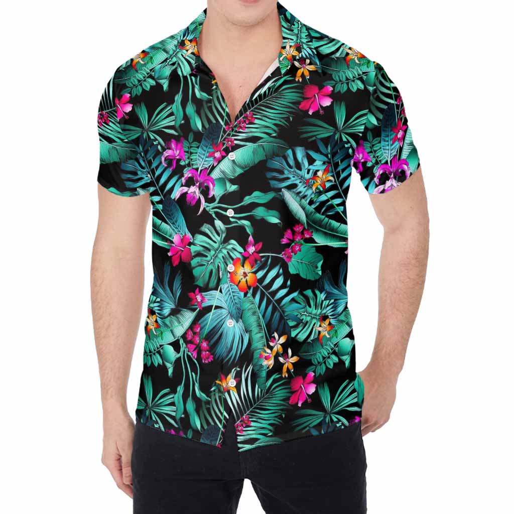 Teal Tropical Leaf Hawaii Pattern Print Men's Shirt