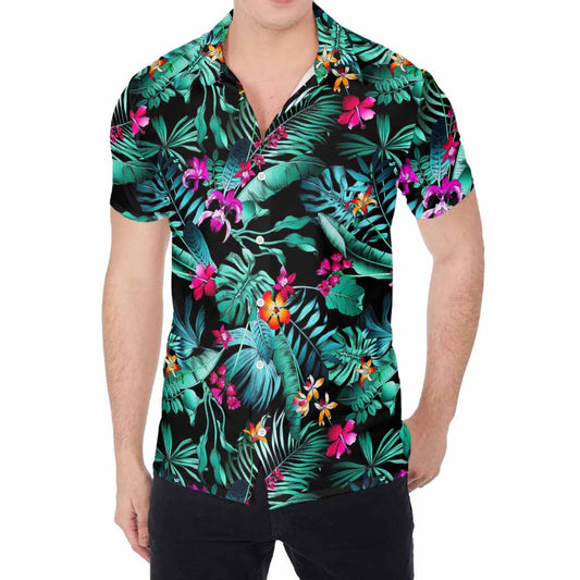 Teal Tropical Leaf Hawaii Pattern Print Men's Shirt