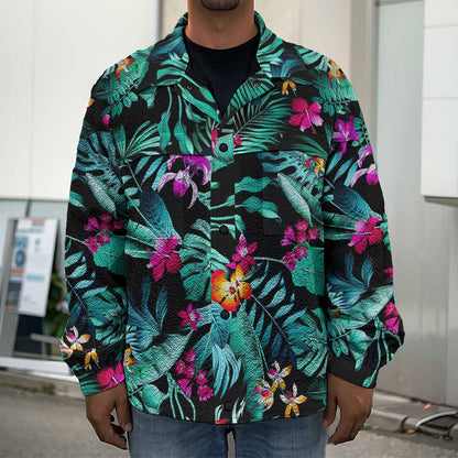 Teal Tropical Leaf Hawaii Pattern Print Men's Shirt Jacket