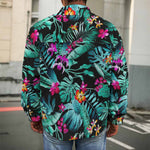 Teal Tropical Leaf Hawaii Pattern Print Men's Shirt Jacket
