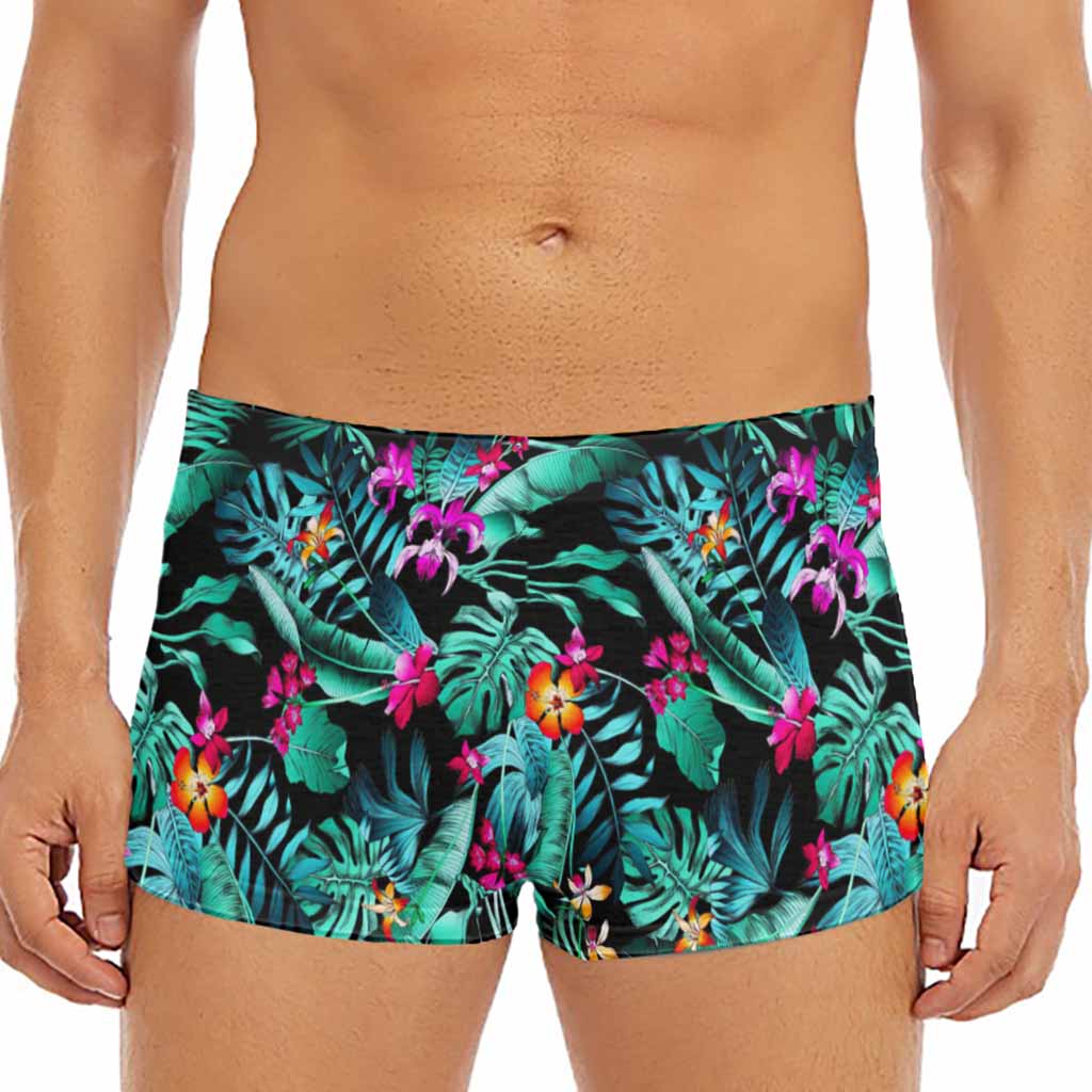 Teal Tropical Leaf Hawaii Pattern Print Men's Short Boxer Briefs