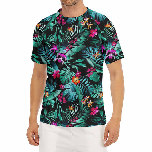 Teal Tropical Leaf Hawaii Pattern Print Men's Short Sleeve Rash Guard