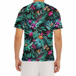 Teal Tropical Leaf Hawaii Pattern Print Men's Short Sleeve Rash Guard
