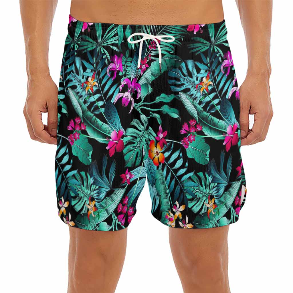Teal Tropical Leaf Hawaii Pattern Print Men's Split Running Shorts
