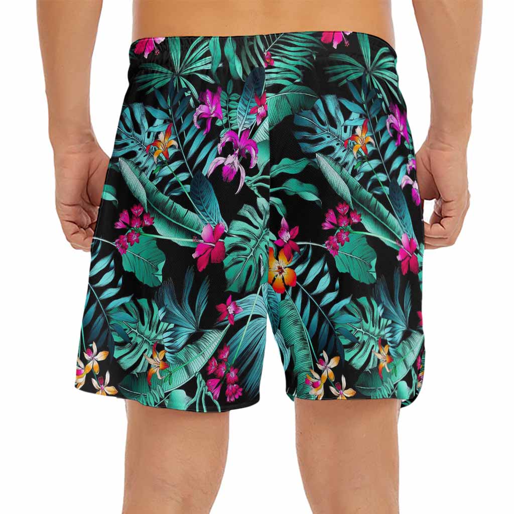 Teal Tropical Leaf Hawaii Pattern Print Men's Split Running Shorts