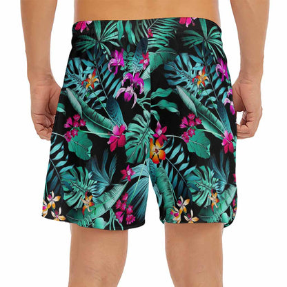 Teal Tropical Leaf Hawaii Pattern Print Men's Split Running Shorts