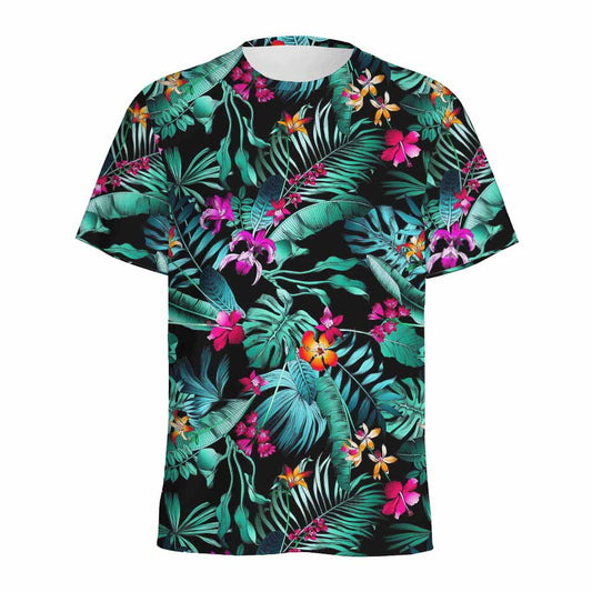 Teal Tropical Leaf Hawaii Pattern Print Men's Sports T-Shirt