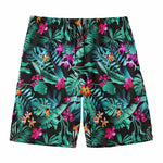 Teal Tropical Leaf Hawaii Pattern Print Men's Swim Trunks