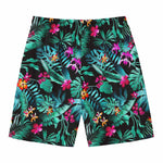Teal Tropical Leaf Hawaii Pattern Print Men's Swim Trunks