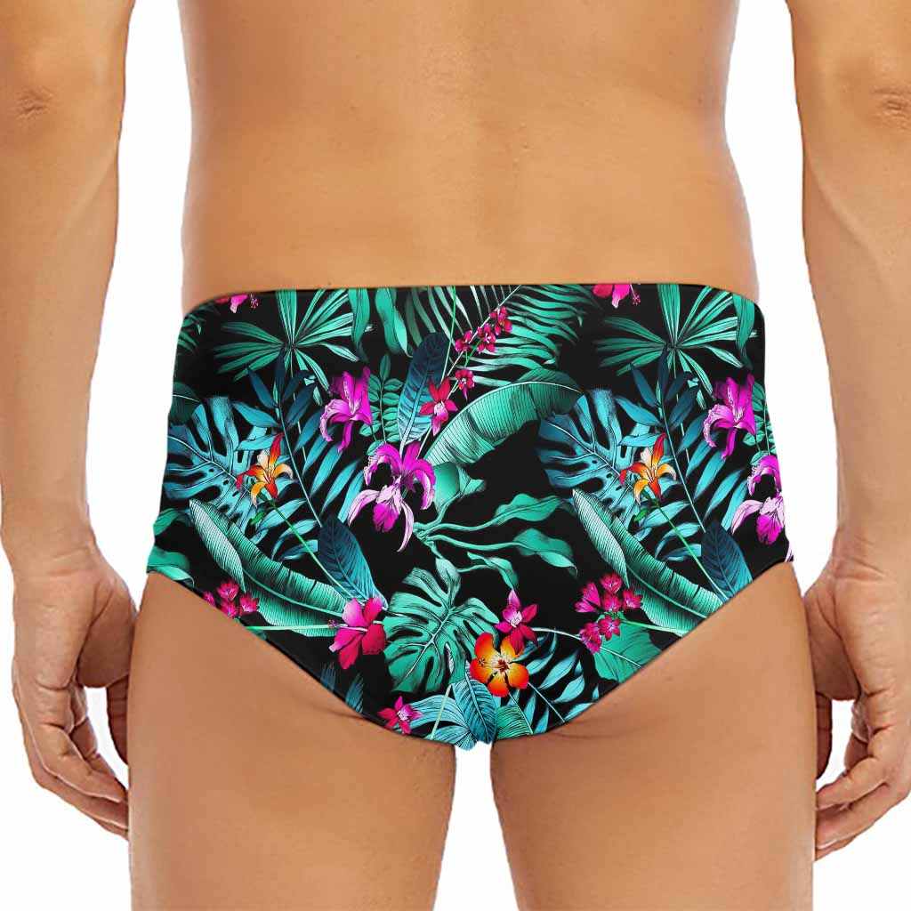 Teal Tropical Leaf Hawaii Pattern Print Men's Triangle Swim Briefs
