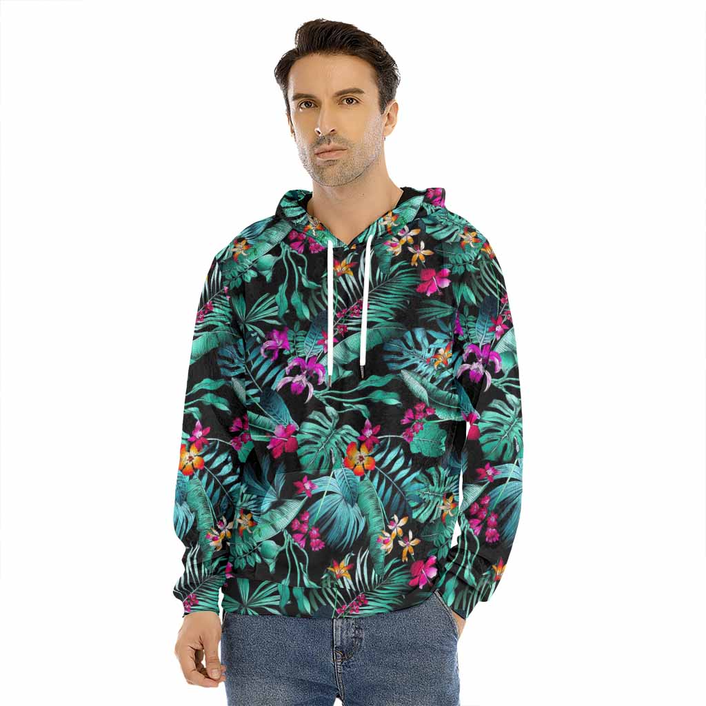 Teal Tropical Leaf Hawaii Pattern Print Men's Velvet Pullover Hoodie