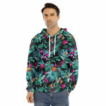 Teal Tropical Leaf Hawaii Pattern Print Men's Velvet Pullover Hoodie