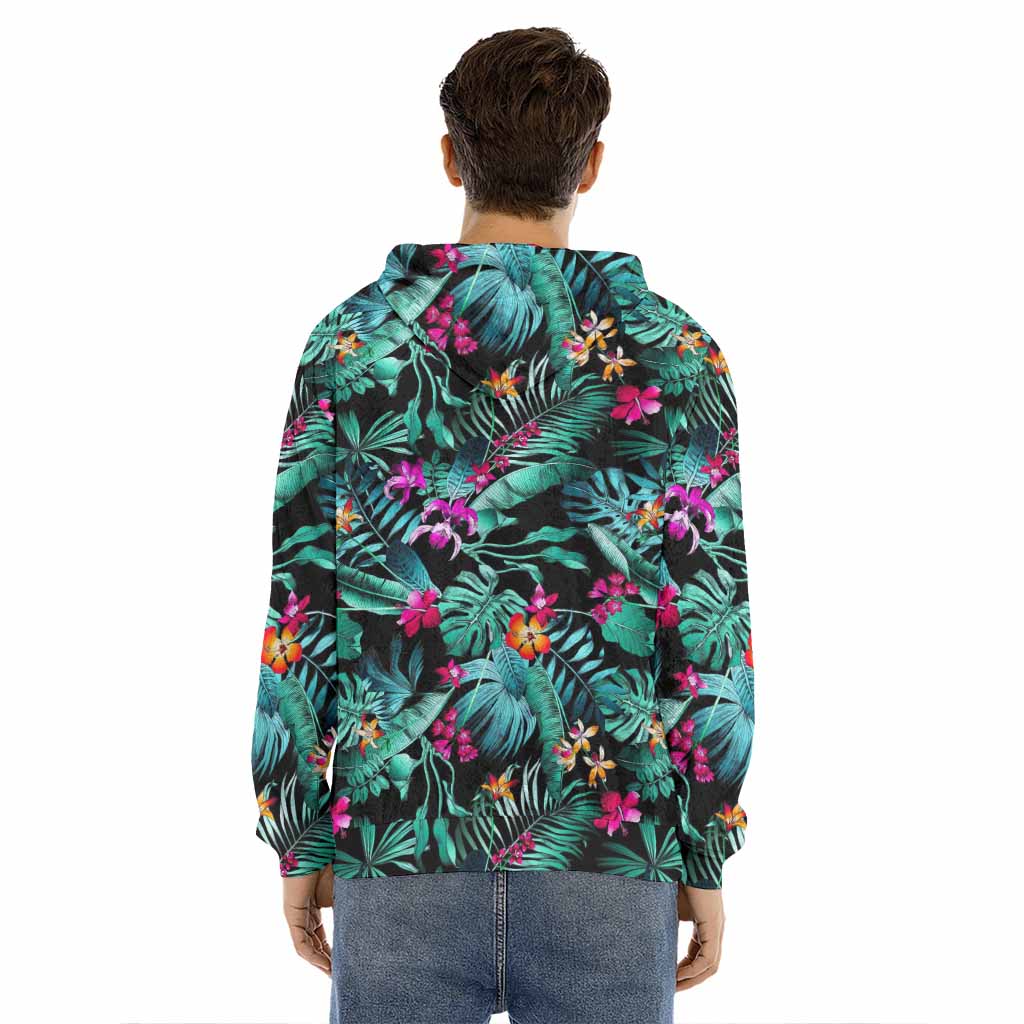 Teal Tropical Leaf Hawaii Pattern Print Men's Velvet Pullover Hoodie