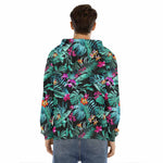 Teal Tropical Leaf Hawaii Pattern Print Men's Velvet Pullover Hoodie