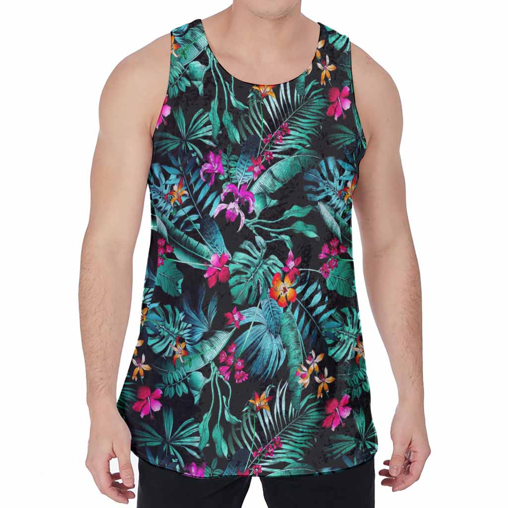 Teal Tropical Leaf Hawaii Pattern Print Men's Velvet Tank Top