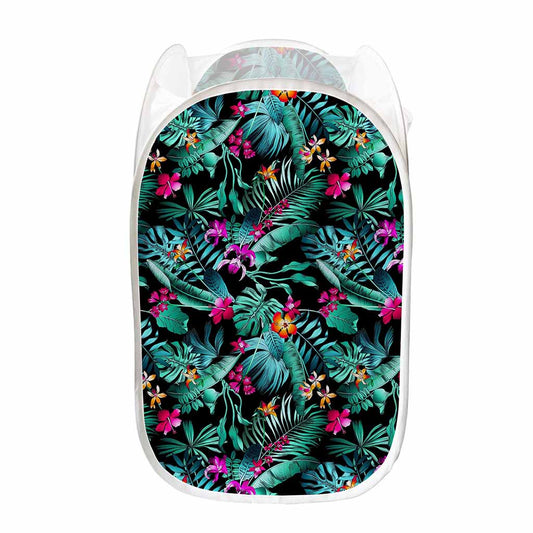 Teal Tropical Leaf Hawaii Pattern Print Mesh Laundry Hamper