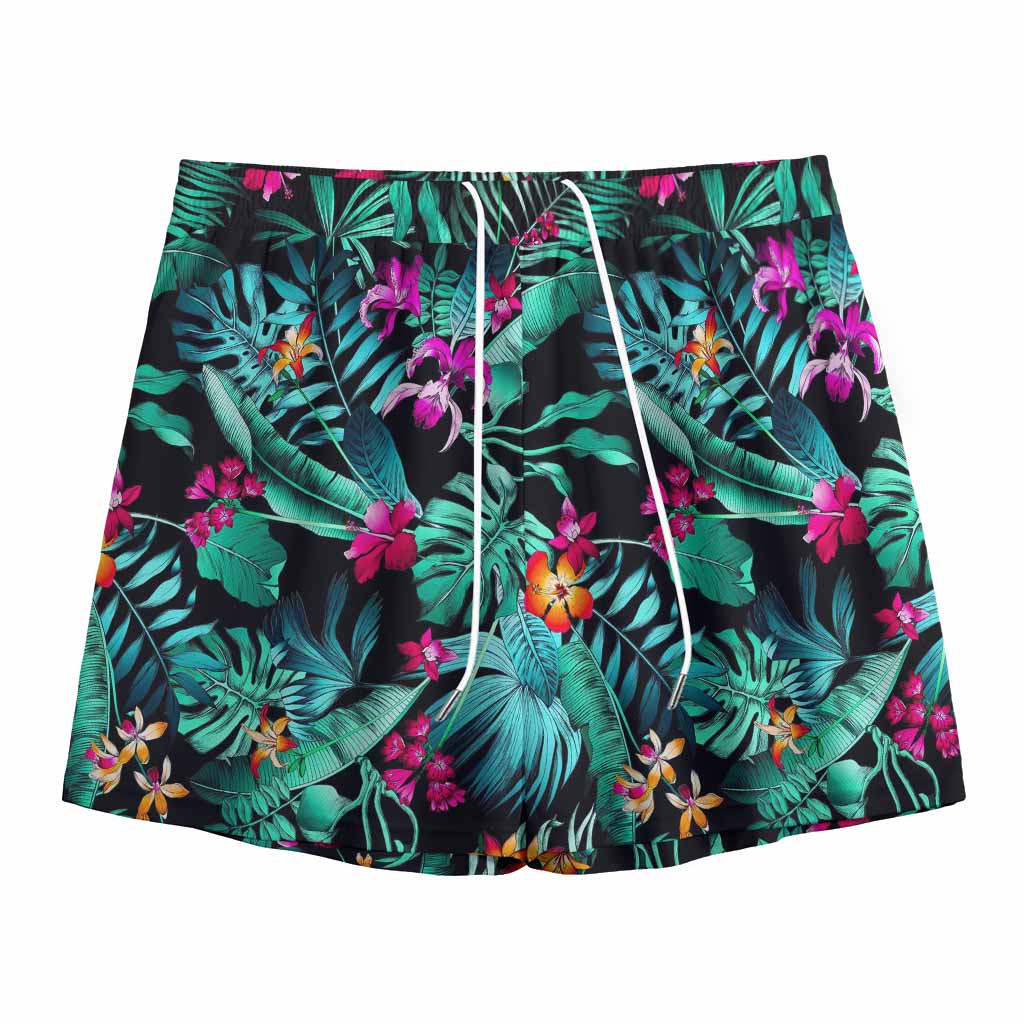 Teal Tropical Leaf Hawaii Pattern Print Mesh Shorts