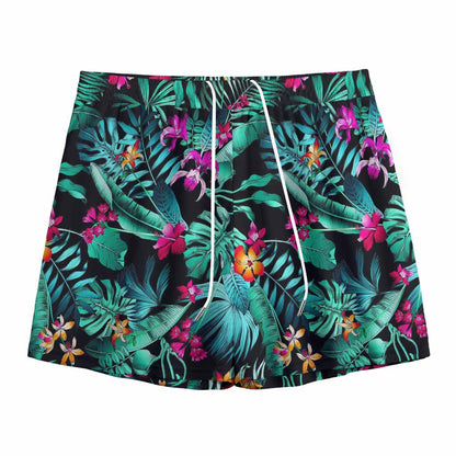 Teal Tropical Leaf Hawaii Pattern Print Mesh Shorts