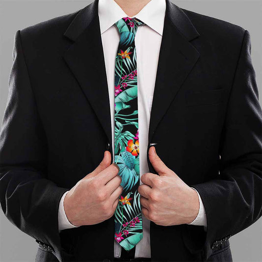 Teal Tropical Leaf Hawaii Pattern Print Necktie