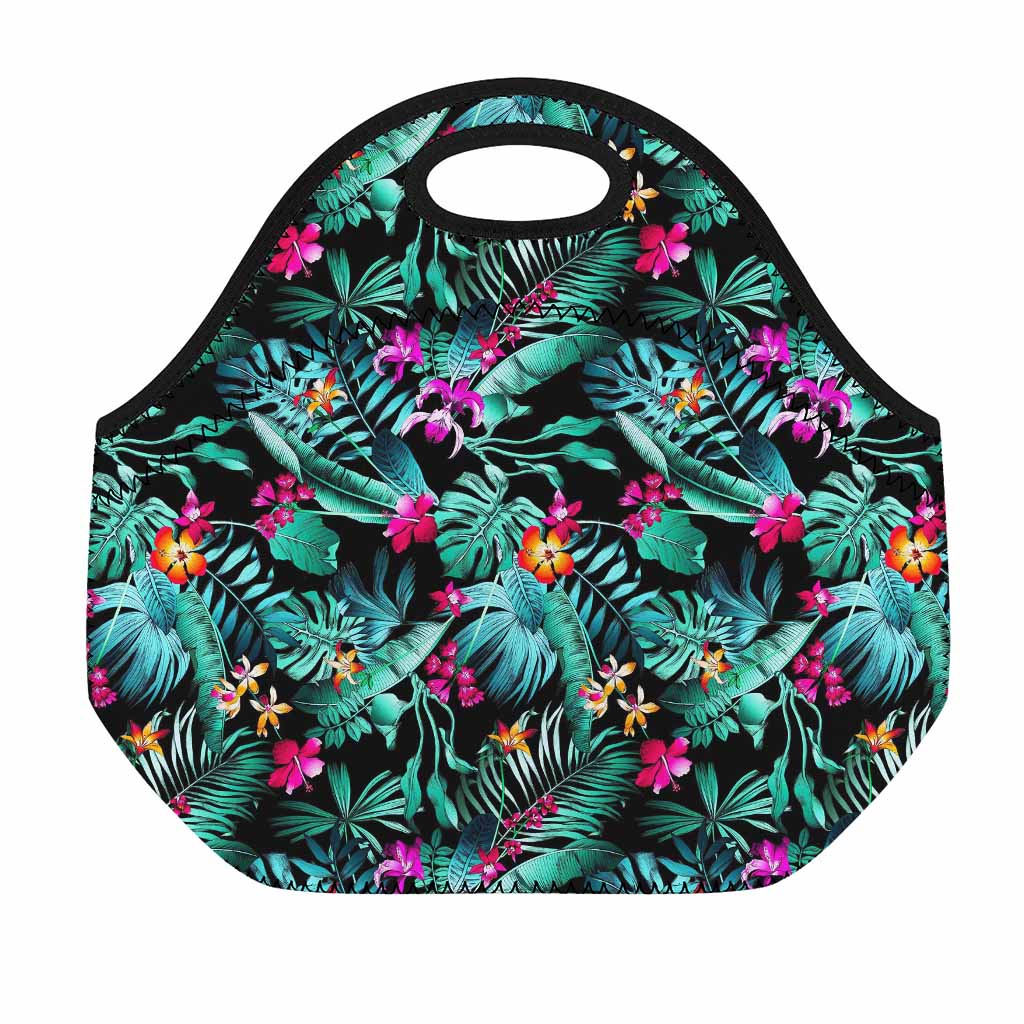 Teal Tropical Leaf Hawaii Pattern Print Neoprene Lunch Bag