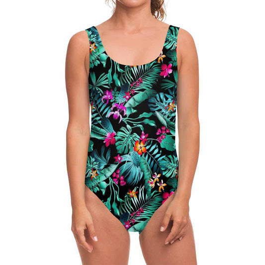Teal Tropical Leaf Hawaii Pattern Print One Piece Swimsuit