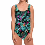 Teal Tropical Leaf Hawaii Pattern Print One Piece Swimsuit