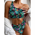 Teal Tropical Leaf Hawaii Pattern Print One Shoulder Bikini Set