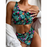 Teal Tropical Leaf Hawaii Pattern Print One Shoulder Bikini Top