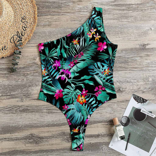 Teal Tropical Leaf Hawaii Pattern Print One Shoulder Bodysuit