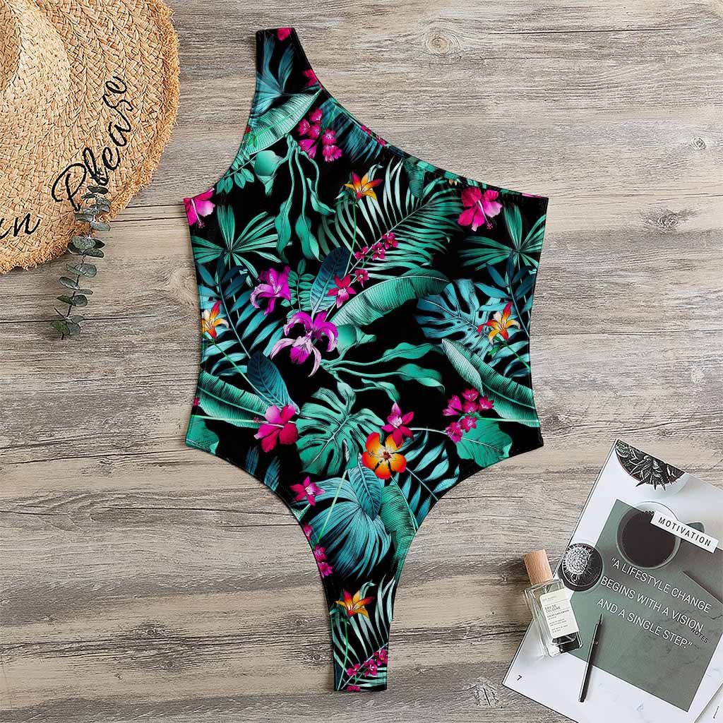 Teal Tropical Leaf Hawaii Pattern Print One Shoulder Bodysuit
