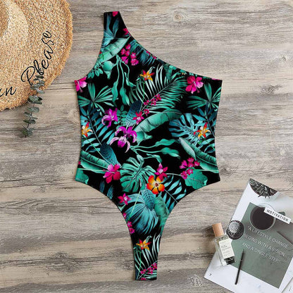 Teal Tropical Leaf Hawaii Pattern Print One Shoulder Bodysuit
