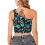 Teal Tropical Leaf Hawaii Pattern Print One Shoulder Crop Top