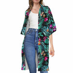 Teal Tropical Leaf Hawaii Pattern Print Open Front Beach Cover Up