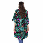 Teal Tropical Leaf Hawaii Pattern Print Open Front Beach Cover Up