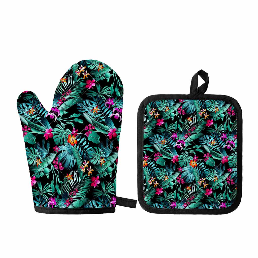 Teal Tropical Leaf Hawaii Pattern Print Oven Mitt And Pot Holder Set