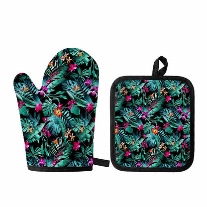 Teal Tropical Leaf Hawaii Pattern Print Oven Mitt And Pot Holder Set