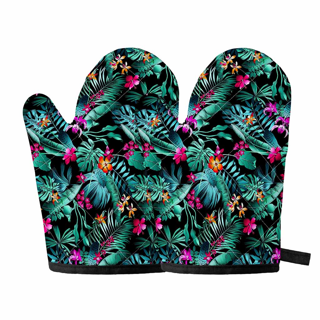 Teal Tropical Leaf Hawaii Pattern Print Oven Mitts