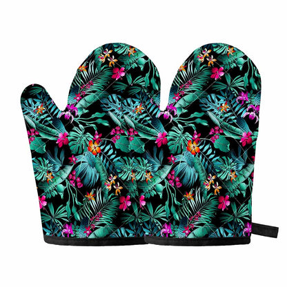 Teal Tropical Leaf Hawaii Pattern Print Oven Mitts