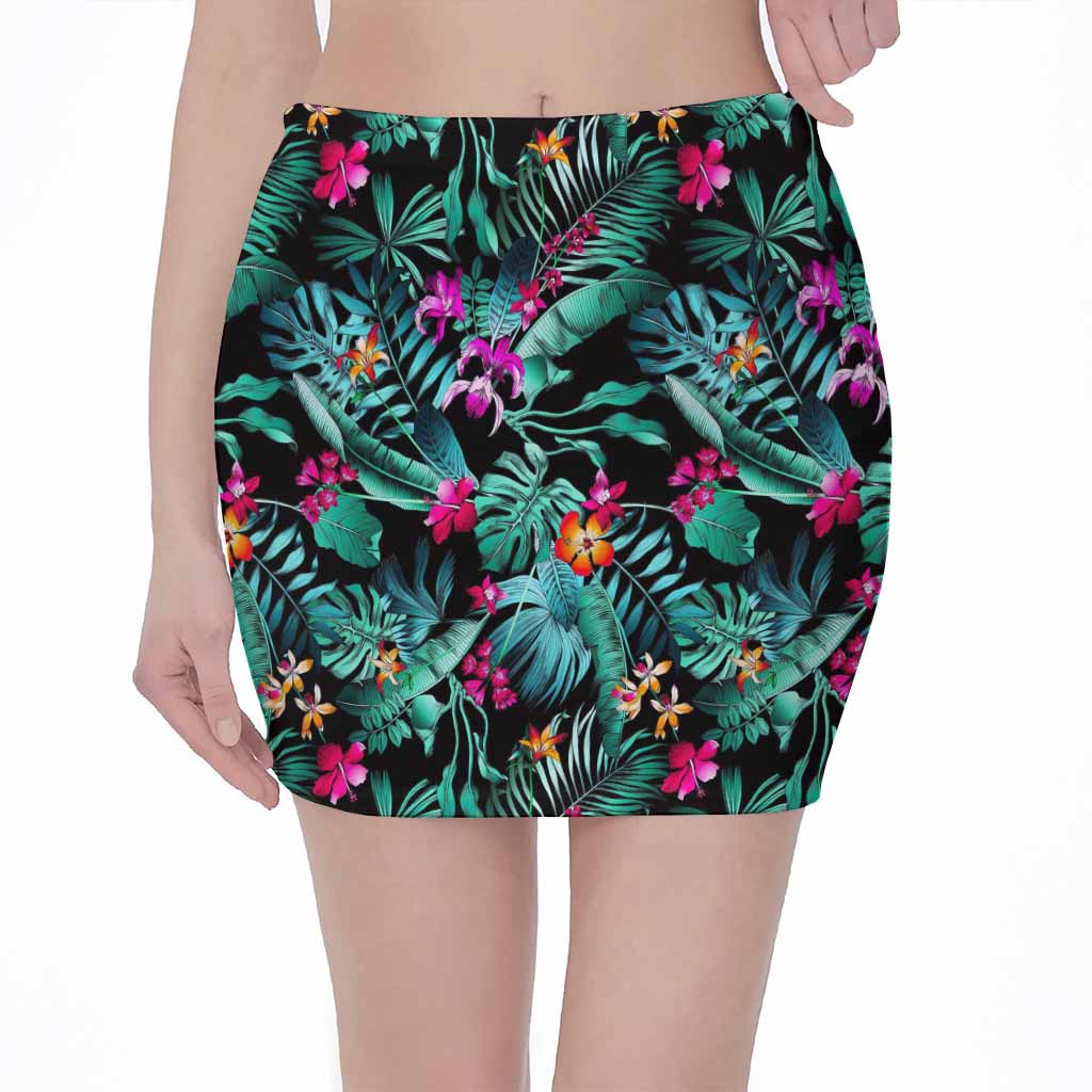 Teal Tropical Leaf Hawaii Pattern Print Pencil Mini Skirt