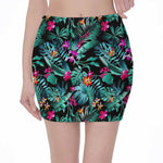 Teal Tropical Leaf Hawaii Pattern Print Pencil Mini Skirt
