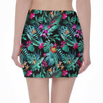 Teal Tropical Leaf Hawaii Pattern Print Pencil Mini Skirt