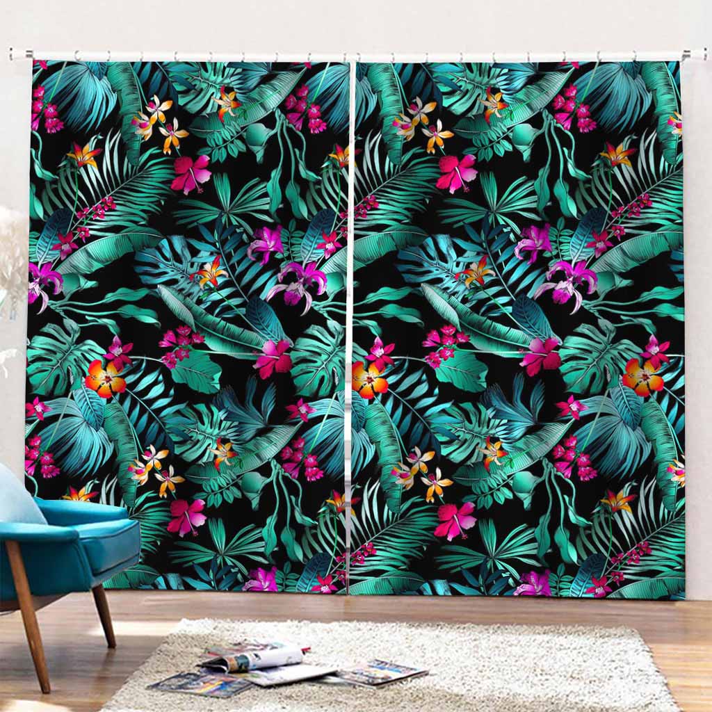 Teal Tropical Leaf Hawaii Pattern Print Pencil Pleat Curtains